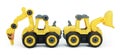 side view of yellow plastic toy of tractor drill and bulldozer or loader isolated on white background. Royalty Free Stock Photo