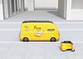 Self-driving pizza delivery van and drone in the street