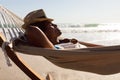 Man with hat sleeping in a hammock on the beach Royalty Free Stock Photo