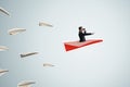 Side view of young businessman with telescope flying on abstract red paper plane on light background. Leadership, journey, Royalty Free Stock Photo