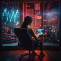 Side view of young businesswoman sitting in office chair and using laptop with glowing forex chart on the wall. Toned image Royalty Free Stock Photo