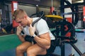 Man exercising with ab crunch machine in fitness studio Royalty Free Stock Photo