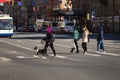 Side view of a young girl with pink hair and a bulldog on a leash walking along a pedestrian crossing on Nevsky Prospekt