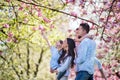 Young parents with small daugthers standing outside in spring nature. Royalty Free Stock Photo