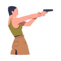 Side view of young woman aiming at target with gun. Female athlete shooter holding gun and training in tactical shooting