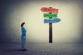 Side view of young woman standing in front of a signpost with arrows shows past, present and future. Lost in time colorful road Royalty Free Stock Photo