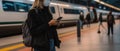 Side View Young woman wearing a face mask waiting at the train station and looking at the smartphone. Generative AI Royalty Free Stock Photo