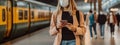 Side View Young woman wearing a face mask waiting at the train station and looking at the smartphone. Generative AI Royalty Free Stock Photo