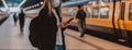 Side View Young woman wearing a face mask waiting at the train station and looking at the smartphone. Generative AI Royalty Free Stock Photo