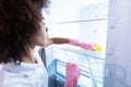 Woman Wearing Gloves Cleaning Refrigerator Royalty Free Stock Photo