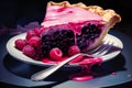 Yummy pie with sliced one piece on wooden surface