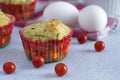 Side View of Zucchini Muffins in Flutted Red Baking Cups Royalty Free Stock Photo