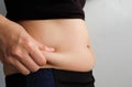 Side of woman hand catching fat body belly paunch , diabetic risk factor . Royalty Free Stock Photo