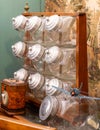sideboard, display case with large glass jars for candy in an antique store Royalty Free Stock Photo