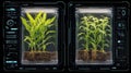 A sidebyside comparison of CRISPRedited crops and traditional crops inside bioreactors highlighting differences in vigor Royalty Free Stock Photo