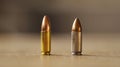 A sidebyside comparison of a rubber bullet and a real bullet to show the difference in size and impact. Royalty Free Stock Photo