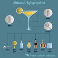 Sidecar cocktail infographics. Illustration of the recipe and cooking process. Paper cut style