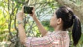 Sideview of Asian woman holding smartphone take photo flowers and nature.