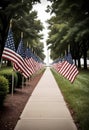 a sidewalk with american flags are standing on the side of pathway lead to the dedicated monument Royalty Free Stock Photo