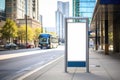 Sidewalk billboard mockup with blurred city street scene. Urban advertising on citylights