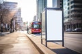 Sidewalk billboard mockup with blurred city street scene. Urban advertising on citylights