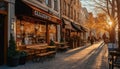 Sidewalk cafe chairs illuminate city life at dusk generated by AI