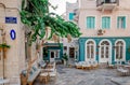 Sidewalk cafes in the alleys of Ermoupolis, the capital of Syros