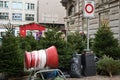 Sidewalk Christmas trees sale in the city center. Royalty Free Stock Photo