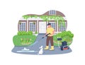 Sidewalk cleaning with power wash gun 2D vector web banner, poster Royalty Free Stock Photo