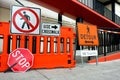 Sidewalk Closed signs for works. Stop and Detour signs Royalty Free Stock Photo