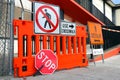 Sidewalk Closed signs for works. Stop and Detour signs Royalty Free Stock Photo