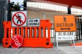 Sidewalk Closed signs for works. Stop and Detour signs Royalty Free Stock Photo