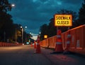 Sidewalk closure sign at night. Road construction with warning cones barriers are present. Urban infrastructure maintenance work Royalty Free Stock Photo