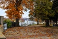 A sidewalk covered with fallen autumn leaves with red brick and cobble stone surrounded by gorgeous green and autumn colored trees Royalty Free Stock Photo