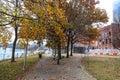 A sidewalk covered with fallen autumn leaves with red brick and cobble stone surrounded by gorgeous green and autumn colored trees Royalty Free Stock Photo