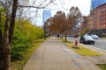 A sidewalk covered with fallen autumn leaves surrounded by gorgeous autumn colored trees and red brick buildings