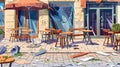 On the sidewalk exterior, there is a mess area with dirty store furniture and broken tables and chairs in an abandoned Royalty Free Stock Photo