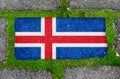 On the sidewalk in green moss, paving slabs with the image of the flag of Iceland. Royalty Free Stock Photo