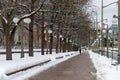 Sidewalk near Major's Hill Park in downtown Ottawa, Canada. Road with running person in winter Royalty Free Stock Photo