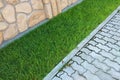 Sidewalk paved with cement bricks and lawn with green grass