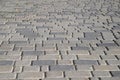 Sidewalk paved with rectangular light and dark gray tiles with grass in gaps between tiles. Photo in perspective