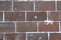 Sidewalk paved with rectangular tiles with snow between blocks