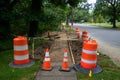 Sidewalk in the process of being replaced. Damaged concrete blocks have been removed and wooden boards placed to construct forms. Royalty Free Stock Photo