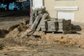 Sidewalk repair. Replacing tiles on the sidewalk. Royalty Free Stock Photo