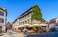 A sidewalk restaurant in a half-timbered building in the Petite France quarter in Strasbourg, France