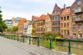 Sidewalk on river in old tourist town, Europe