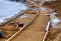 Sidewalk under construction, concrete curb installation in progress. Royalty Free Stock Photo
