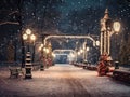 sidewalks in winter park with Christmas lights arch