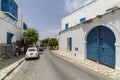 Sidi Bou Said, Tunisia, Alley with traditional white houses and blue doors