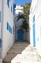 Typical building with white walls, blue doors and windows in Sidi Bou Said, Tunisia Royalty Free Stock Photo